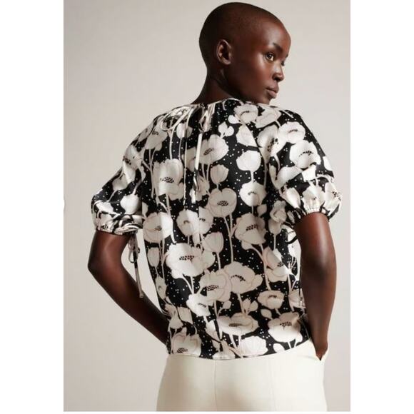 Ted Baker Luciani Puff Sleeve Top Blouse Black Cream Floral 4 (10) - Picture 13 of 13
